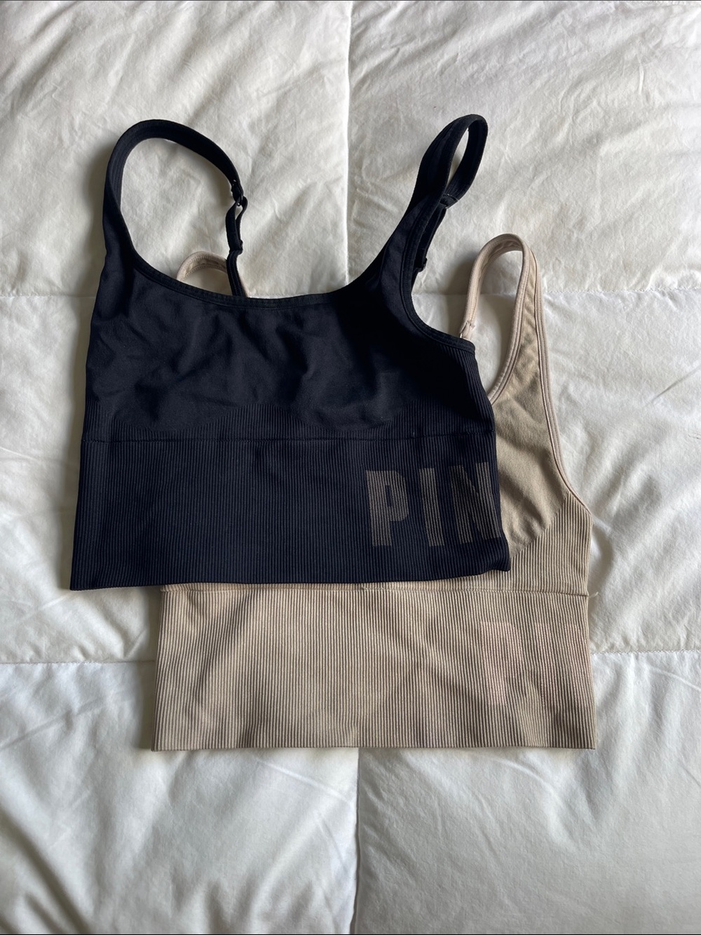 PINK Victoria's Secret Ribbed Seamless Sports Bra Duo - Black & Beige